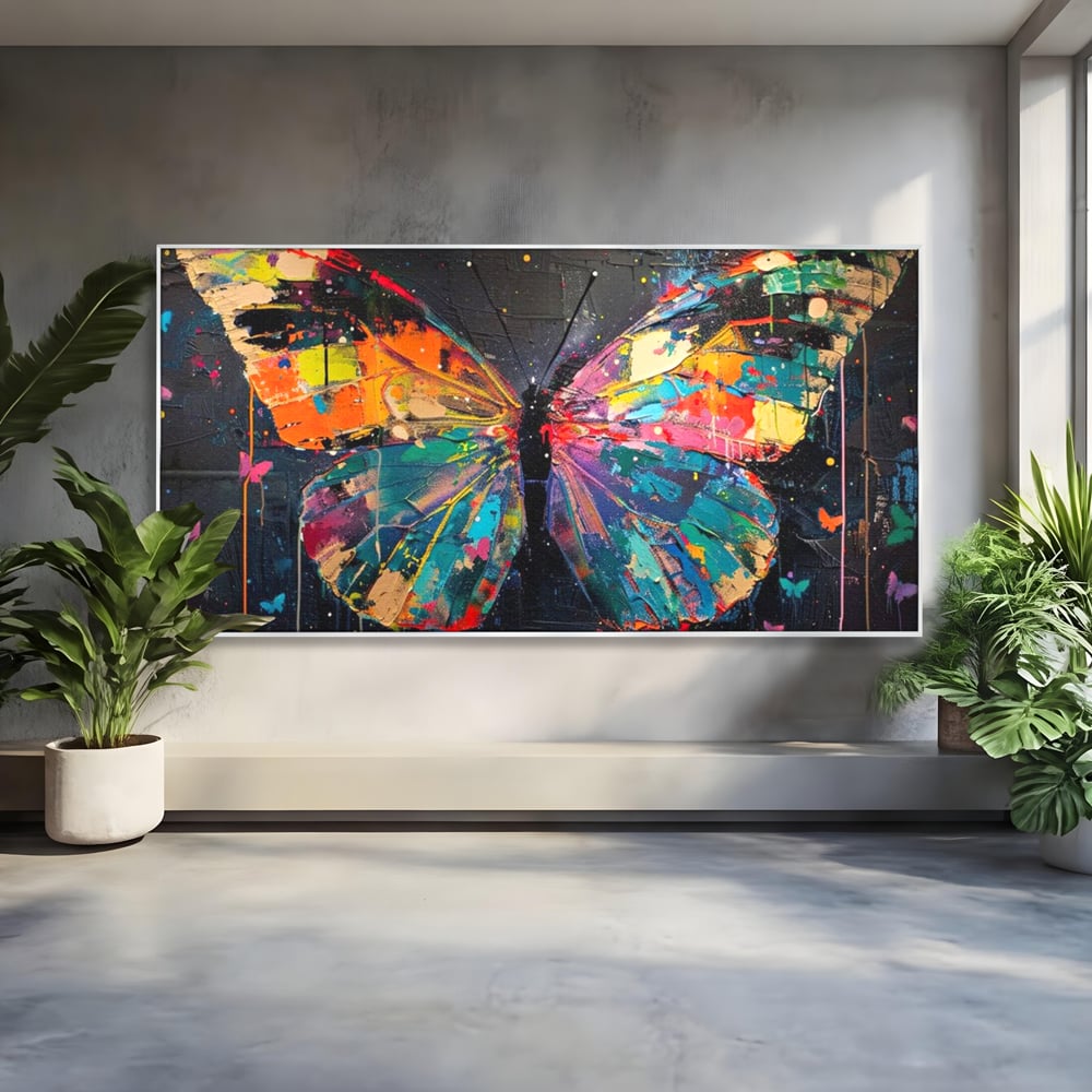 Tablou canvas cu tablou canvas cu fluture multicolor, in rama de aluminiu argintiu